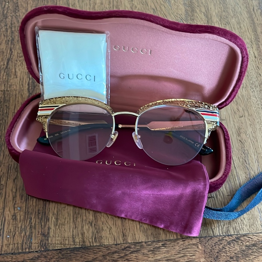 GUCCI SYLVIE Stripe 0283 Gold Glitter Pink Metal Cat Eye Sunglasses GG0283S